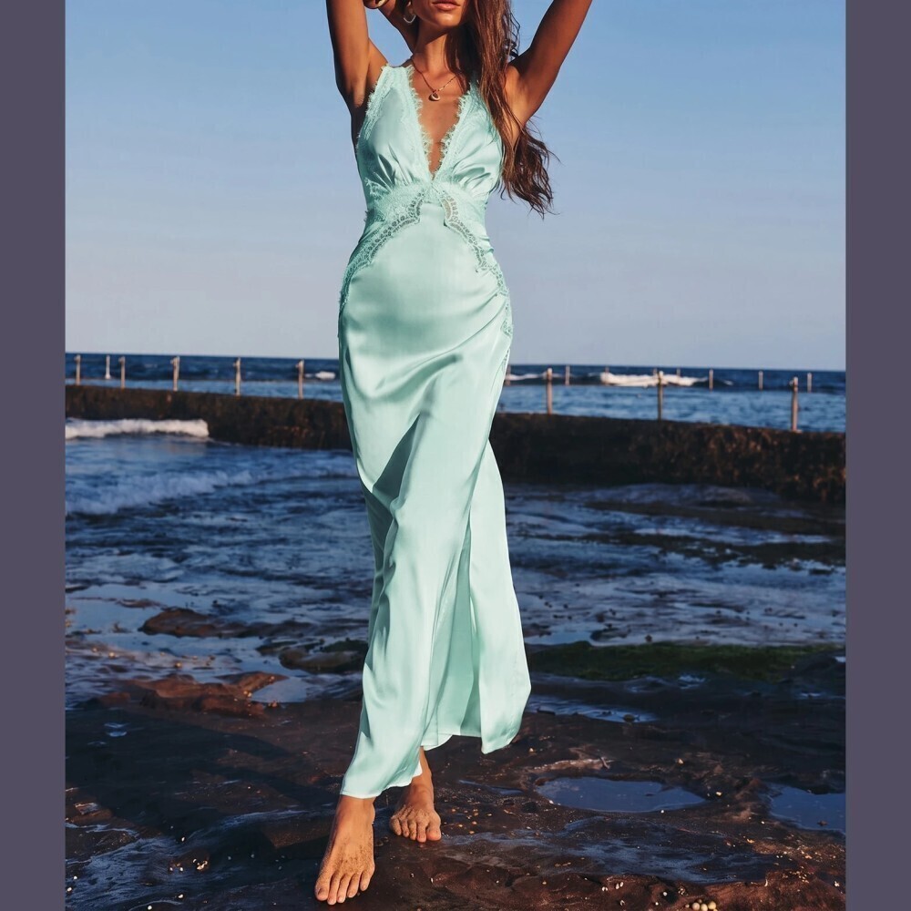 Pale Aqua Seafoam Blue Satin Lace Trim Deep V Neck Maxi Dress